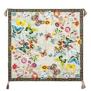 Johnny Was Mitchie Butterfly Silk Scarf Square Large Floral Tassels White NEW